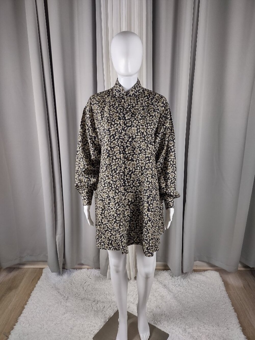 Vintage Express 100% Silk Floral Mini Shirt Dress Tunic Blouse Brown Size Small - Picture 1 of 12
